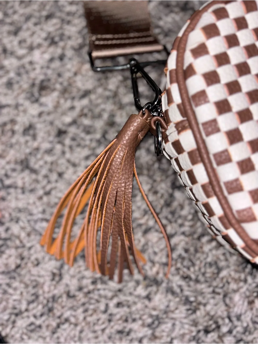 Women’s Checker Crossbody Bag in Brown and White with Adjustable Strap